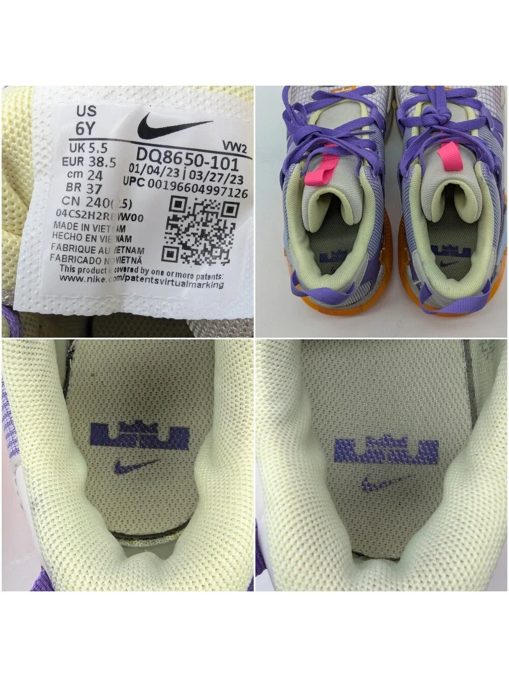 Nike LeBron Witness 7 Action Grape Purple Kids Size 6Y / Women's 7.5 DQ8650-101